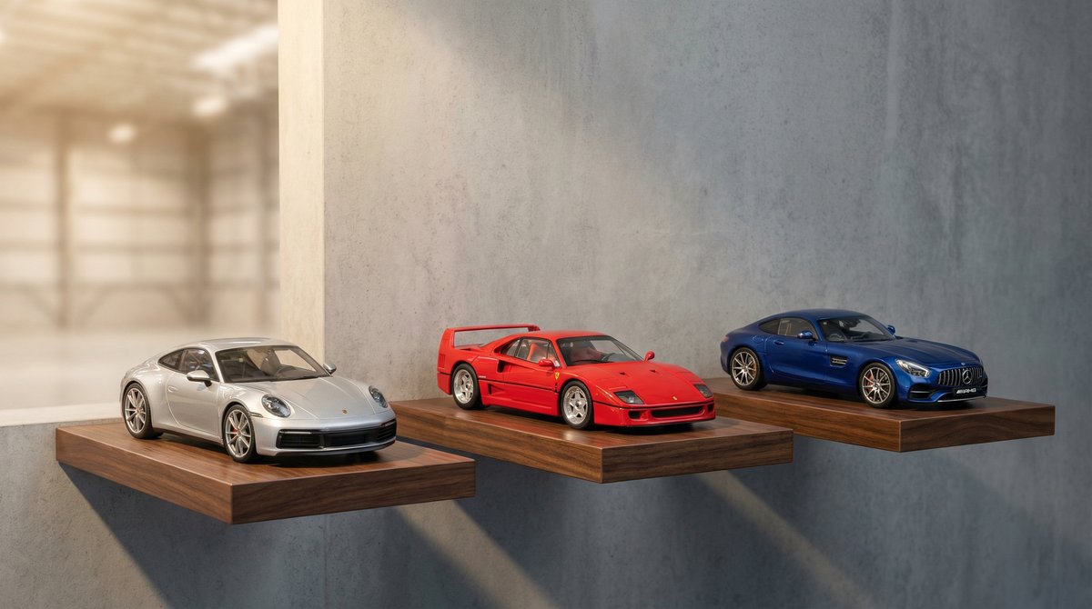 Depozitul Models118 cu machete auto de colecție din metal turnat expuse pe rafturi