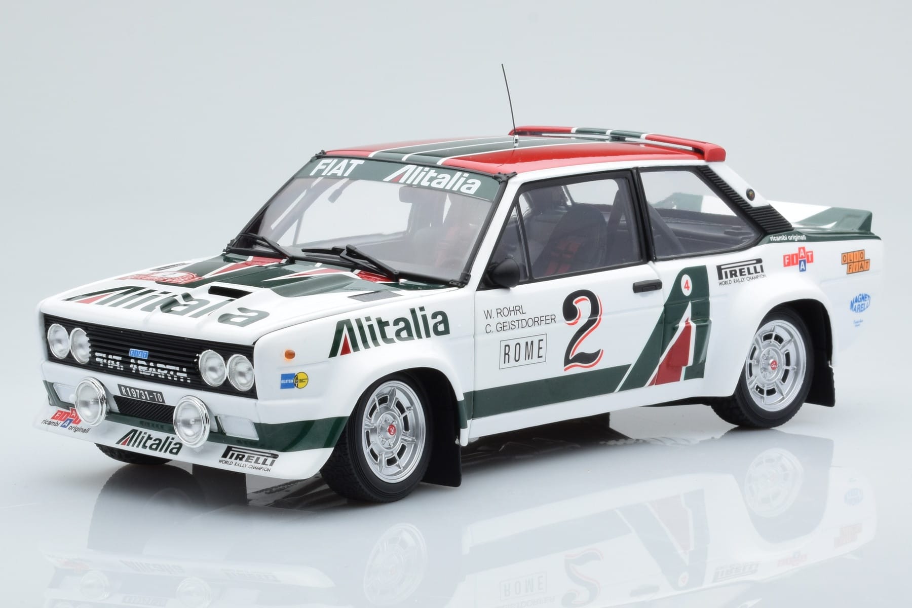 Fiat 131 Abarth Alitalia #2 W. Röhrl / C. Geistdörfer Rally Monte Carlo 1978 Kyosho 1:18 08376G Metal