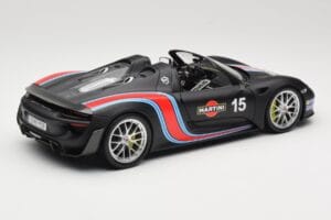 Porsche 918 Spyder Weissach Package Matt Black With Martini Stripes Minichamps 1:18 110062445 Metal - imaginea 3 din 8