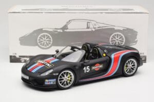 Porsche 918 Spyder Weissach Package Matt Black With Martini Stripes Minichamps 1:18 110062445 Metal - imaginea 8 din 8