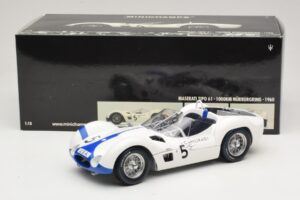Maserati Tipo 61 #5 S. Moss / D. Gurney Camoradi ADAC 1000km Nurburgring Winner 1960 Minichamps 1:18 100601205 Metal - imaginea 8 din 8
